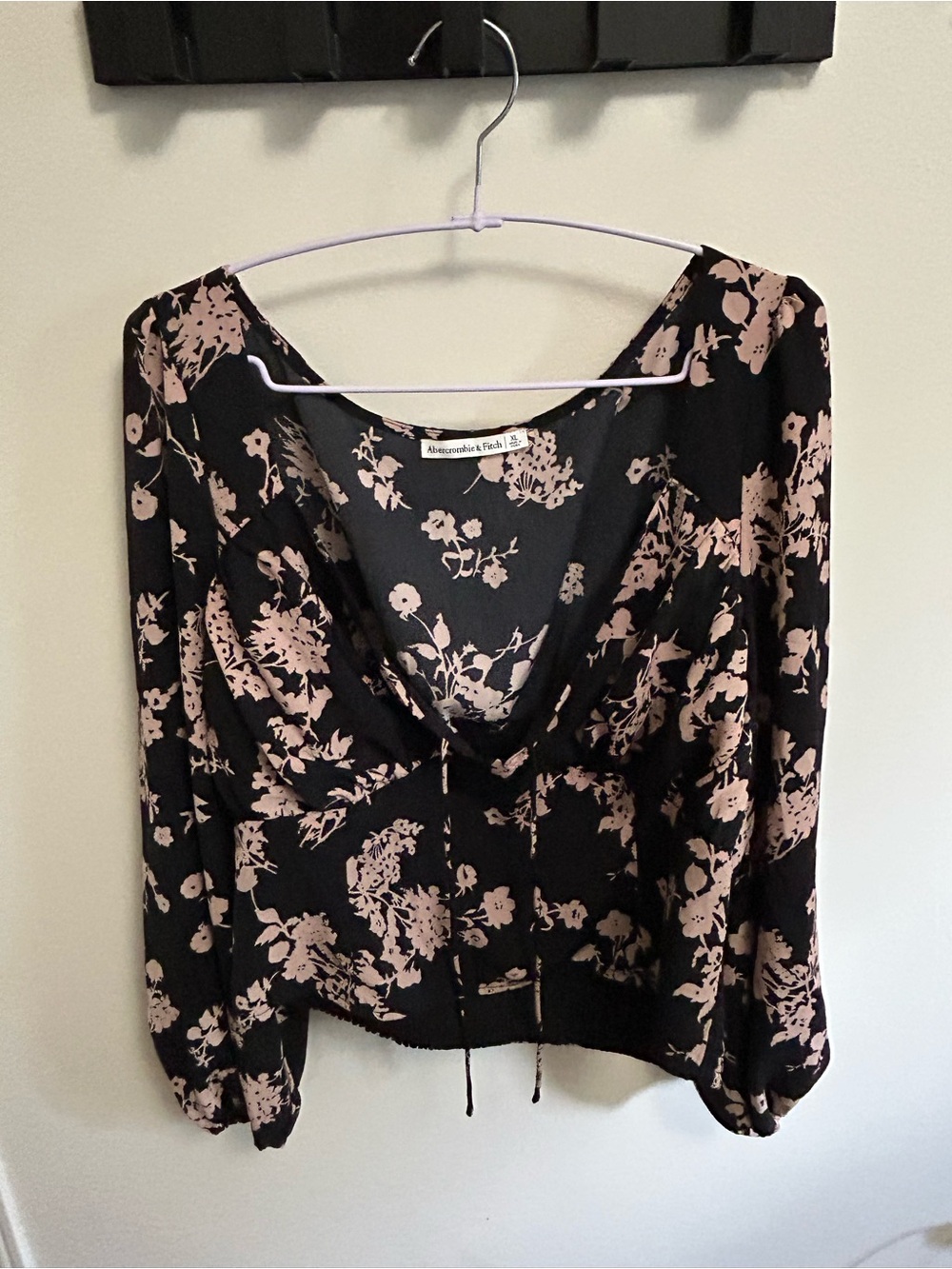 Abercrombie & Fitch Black Blouse with Light Pink Floral Print and Tie Front